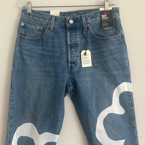 Crop Denim Paint by Number Flower Wavy Lined Straight Blue Jeans NWT - Picture 6 of 16